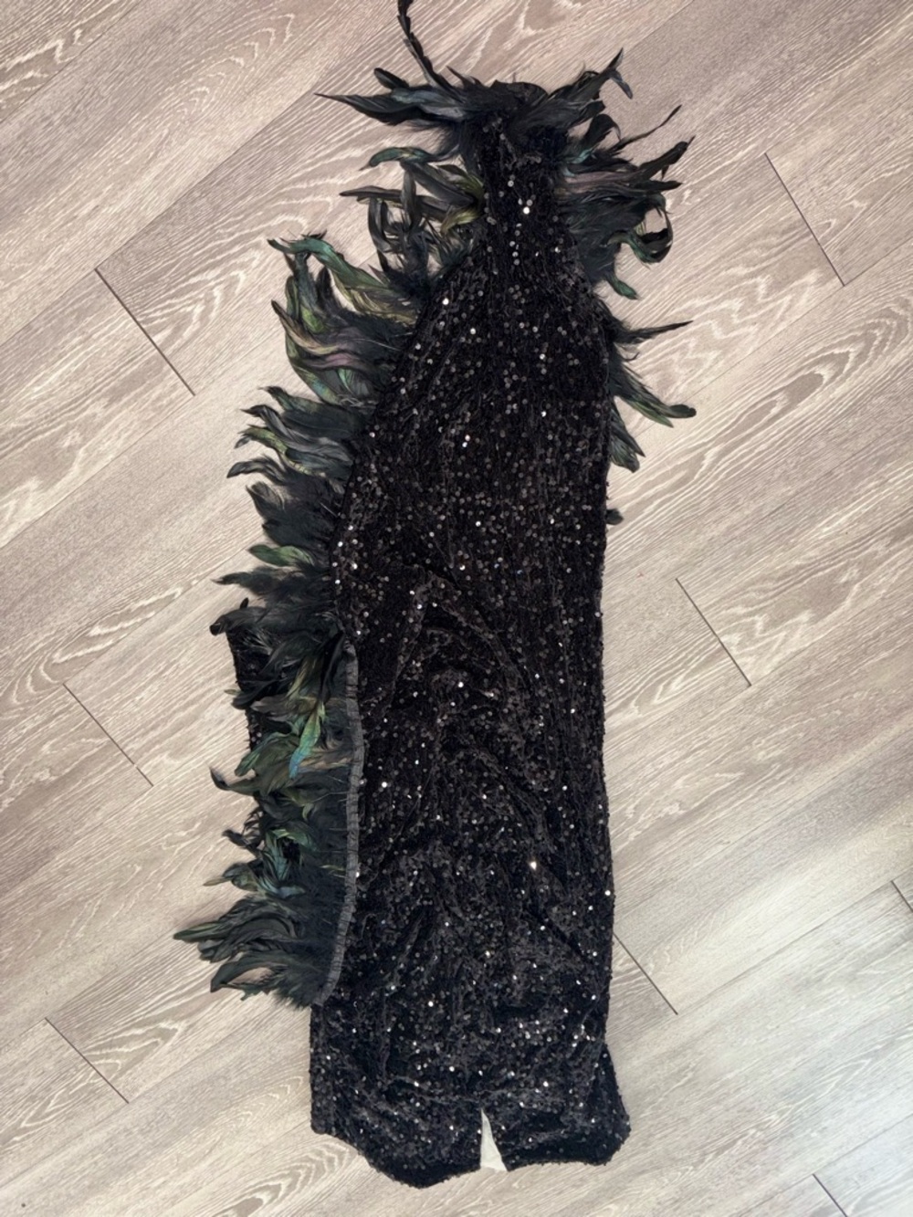 Black Sequin Feather Trim Evening Dress